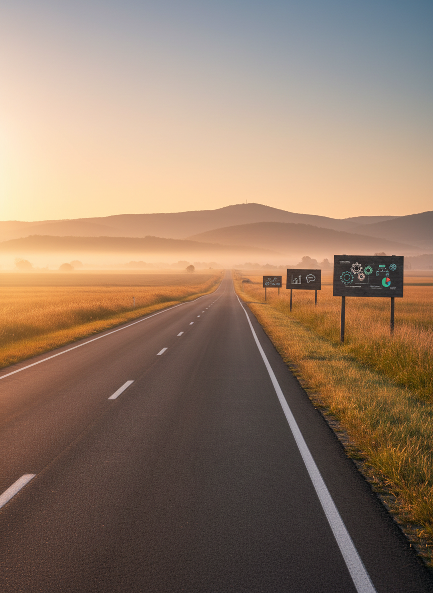 An eye-level, cinematic photograph of a long, two-lane country road stretching toward distant hills at sunrise, with freshly painted white lines leading the viewer’s eye forward. On one side of the road, a sequence of standing roadside signs appears: first a blank wooden signboard, then a sign with simple icons, then another with more complex graphics, visually symbolizing marketing growth and strategy evolution. Golden hour light bathes the fields and roadside grasses in warm tones, casting elongated, gentle shadows. A thin mist hangs low over the hills, adding depth and calm ambition to the atmosphere. Photographic realism with a wide-angle composition and sharp focus throughout conveys a sense of direction, clarity, and rural-rooted progress.
