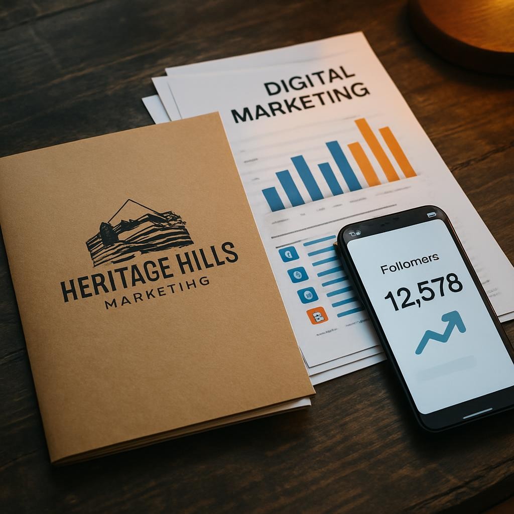 A close-up, photographic scene of a crisp kraft-paper folder stamped with the Heritage Hills Marketing logo, lying on a dark reclaimed-wood desk with visible knots and grain. Next to it, a neatly stacked bundle of printed digital marketing reports shows colorful bar graphs and social media icons. A modern smartphone with a matte black finish displays a growing follower count against a clean interface. Cool, diffused window light from the left balances with a warm desk lamp glow from the right, creating a subtle contrast that feels both high-tech and down-to-earth. Shot from a slightly elevated angle with sharp focus on the documents, the background softens into a blur of rustic textures, emphasizing professionalism rooted in rural heritage.